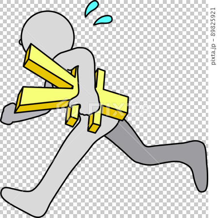 一個帶著錢跑的人。日元貨幣符號。代表時間限制和貨幣政策的概念。 89825921