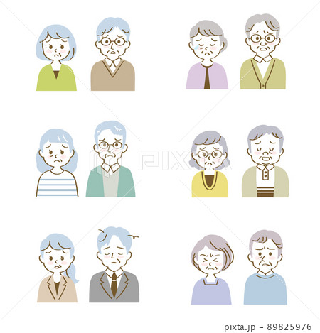 イラスト素材セット：悩み困った表情で正面を向いたシニア男女夫婦、パートナー（バストアップ/手描き線） 89825976