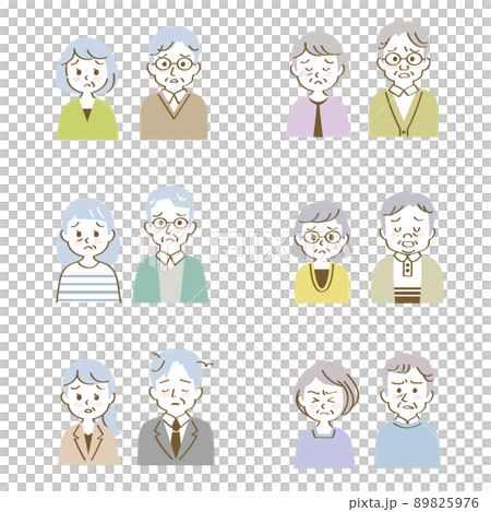 イラスト素材セット：悩み困った表情で正面を向いたシニア男女夫婦、パートナー（バストアップ/手描き線） 89825976