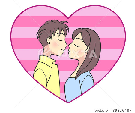 ハートの中で キスしそうな若いカップルのイラスト素材 6487