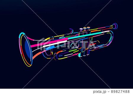 Abstract trumpet wind musical instrument from multicolored paints. Colored drawing 89827488