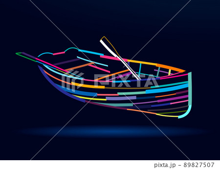 Abstract wooden boat with oars from multicolored paints. Colored drawing Abstract wooden boat with oars from multicolored paints. Colored drawing 89827507