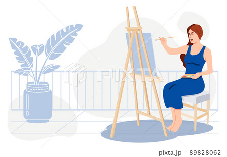 Woman painting on easel in room, Art workshop, creative hobby, Cartoon Characters, hand drawn style vector illustrations. Woman painting on easel in room, Art workshop, creative hobby, Cartoon Characters, hand drawn style vector illustrations. 89828062