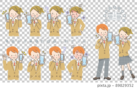 為顯示智能手機屏幕的男女學生設置的面部表情 89829352