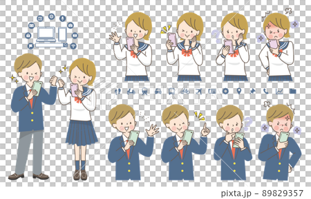 為操作智能手機的男女學生設置面部表情 89829357