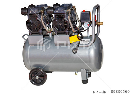 The industrial compressor two cylinder for injection of compressed air under pressure. Isolated on white background. The industrial compressor two cylinder for injection of compressed air under pressure. Isolated on white background. 89830560