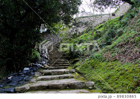愛媛県宇和島市の史跡宇和島城跡 天守にいたる石段から石垣越しに天守が見える 愛媛県宇和島市の史跡宇和島城跡 天守にいたる石段から石垣越しに天守が見える 89830865