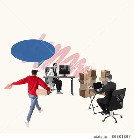 Contemporary art collage. Employees of post office working with packages, sending cardboard boxes to customers. Express delivery service Contemporary art collage. Employees of post office working with packages, sending cardboard boxes to customers. Express delivery service 89831897
