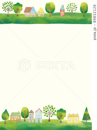 北欧風　水彩タッチの緑の丘と街並みフレーム　縦1 89832126