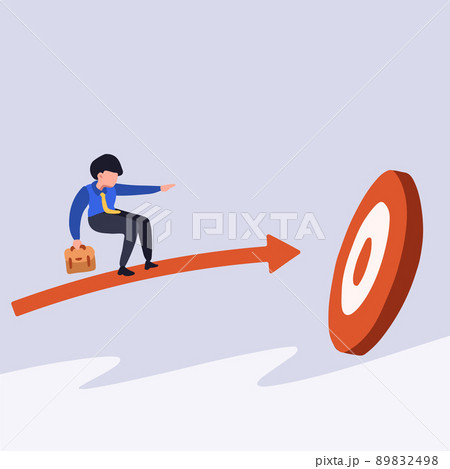 Business concept design businessman standing flying on arrows and hitting bullseye. Male manager on arrow. Shoot the target. Accuracy, focus on business target. Vector illustration flat cartoon style Business concept design businessman standing flying on arrows and hitting bullseye. Male manager on arrow. Shoot the target. Accuracy, focus on business target. Vector illustration flat cartoon style 89832498