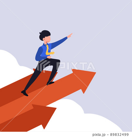 Business flat drawing businessman leader stands on arrows and points direction forward. Male worker flying using rapid up arrows symbol. Success business manager. Cartoon graphic vector illustration Business flat drawing businessman leader stands on arrows and points direction forward. Male worker flying using rapid up arrows symbol. Success business manager. Cartoon graphic vector illustration 89832499