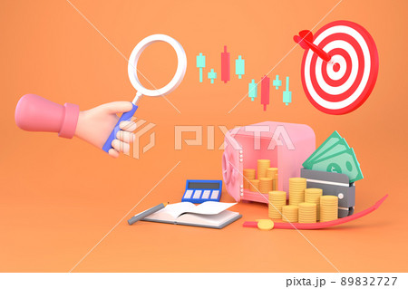 hand holding magnifying glass and Safe bank, stacks of coins, banknotes and calculators. 89832727