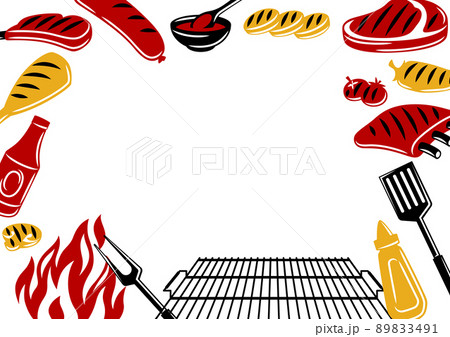 Bbq frame with grill objects and icons. Stylized kitchen and restaurant items. 89833491