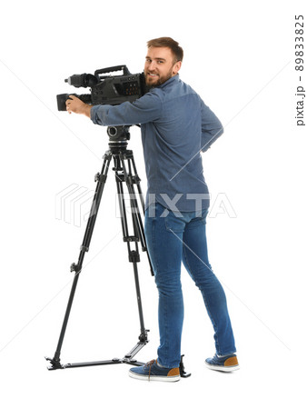 Operator with professional video camera on white background 89833825