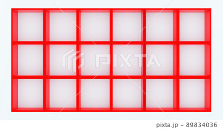 3D mockup of red empty cabinet with shelves on white wall 89834036