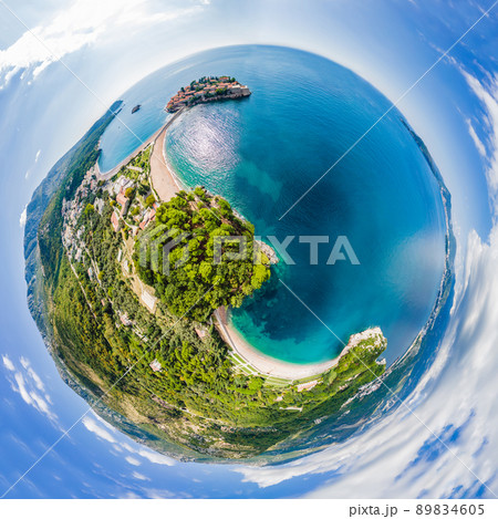 Queen's Beach in Milocer, Montenegro. Aerial view of sea waves and fantastic Rocky coast, Montenegro Queen's Beach in Milocer, Montenegro. Aerial view of sea waves and fantastic Rocky coast, Montenegro 89834605
