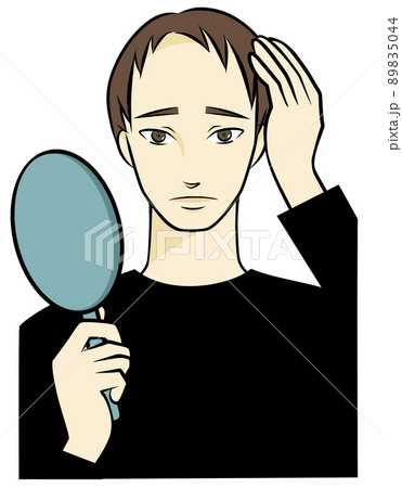 鏡に映った薄毛を見て悲しい顔をしている男性の手描きイラストのイラスト素材 5044