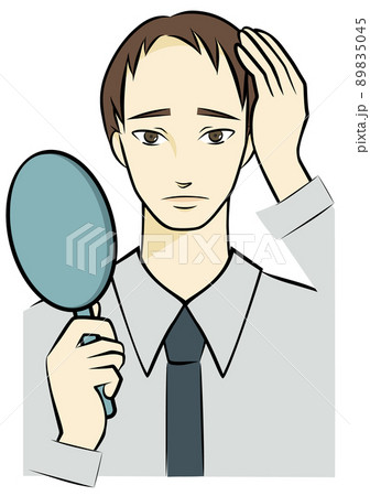 鏡に映った薄毛を見て悲しい顔をしている男性の手描きイラスト シャツ のイラスト素材 5045