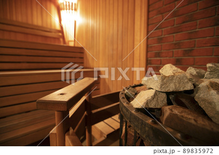 Interior of a modern wood-fired sauna. Steam room. Interior of a modern wood-fired sauna. Steam room. 89835972