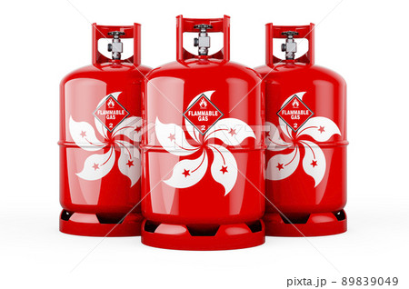 Hong Kong flag painted on the propane cylinders with compressed gas, 3D rendering 89839049