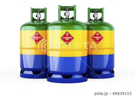Gabonese flag painted on the propane cylinders with compressed gas, 3D rendering 89839155