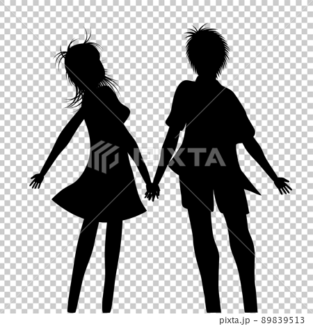 若いカップルが手をつないで空を見上げている後ろ姿のシルエット のイラスト素材 9513