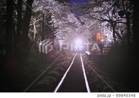 ライトアップした桜のトンネルと走れメロス号(青森県五所川原市 ライトアップした桜のトンネルと走れメロス号(青森県五所川原市 89840348