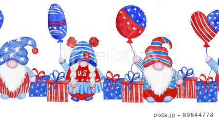 Watercolor seamless hand drawn horizontal border with 4th of July gnomes, Forth of july patriotic American design with nordic gnomes in blue red white hats balloons gifts. US celebration print. 89844778