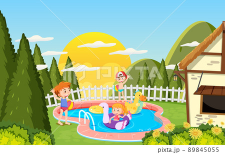 Children awimming at the pool at the back of the house 89845055