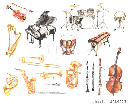 水彩で描いた色々な楽器のイラストセット 89845254