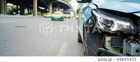 Front of the modern vehicle have a heavy - major damaged. Car crash - accident on the road. Front of the modern vehicle have a heavy - major damaged. Car crash - accident on the road. 89845435