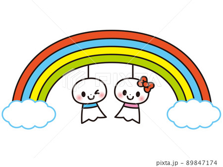 虹 梅雨 てるてる坊主 可愛い 友達 挿絵 カラフル 楽しい かわいい 笑顔 夏 六月 七月 八月 のイラスト素材
