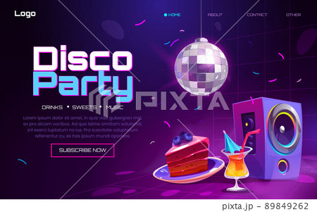 Disco party banner with light ball, cake, cocktail 89849262