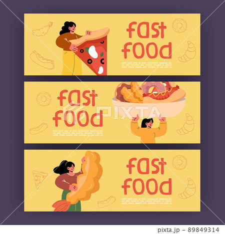 Fast food banners with girl, hot dog, pizza, donut 89849314