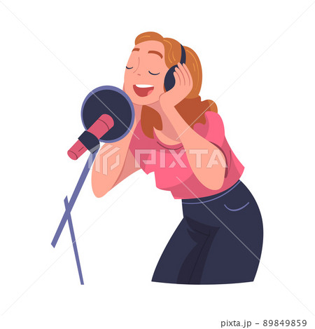 Woman Singer and Musician with Microphone Performing Music on Stage Vector Illustration 89849859