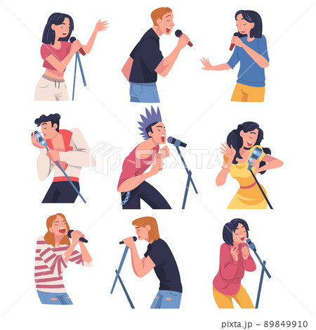 Singers and Musician with Microphone Perform Music on Stage Vector Set 89849910