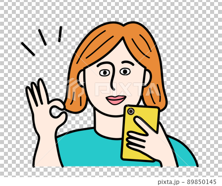 Image of a woman to check by operating a smartphone Illustration material Color / line drawing 89850145