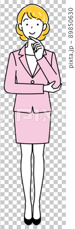 一個穿著西裝的可愛女人正在積極思考一個決定全身站立的插圖矢量 89850630