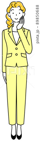 顔を触りながら前向きに決策を考えているスーツ姿の可愛い女性 全身 立ち姿 イラスト ベクター 89850688