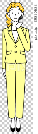 A cute woman in a suit who is positively thinking about a decision while touching her face. 89850688