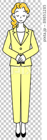 Illustration of a cute woman in a suit bowing a little and bowing with her left hand up Illustration of a cute woman in a suit bowing a little and bowing with her left hand up 89851285