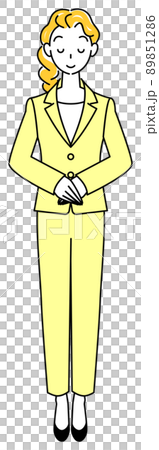 少し頭を下げお辞儀をしているスーツ姿の可愛い女性の全身立ち姿 右手を上にして手を組んでいる イラスト 少し頭を下げお辞儀をしているスーツ姿の可愛い女性の全身立ち姿 右手を上にして手を組んでいる イラスト 89851286