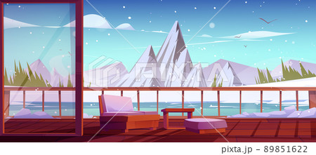 Wooden terrace winter mountain and frozen lake 89851622