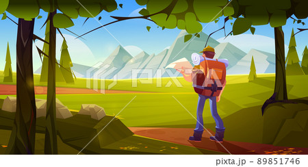 Traveler man with map stand at beautiful landscape Traveler man with map stand at beautiful landscape 89851746
