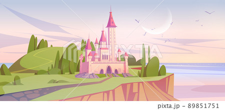 Pink magic castle on green sea cliff at morning 89851751