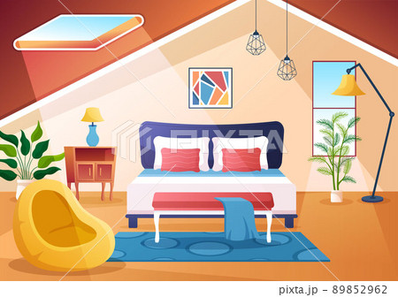 Cozy Bedroom Interior with Furniture Like Bed, Wardrobe, Bedside Table, Vase, Chandelier in Modern Style in Cartoon Vector Illustration Cozy Bedroom Interior with Furniture Like Bed, Wardrobe, Bedside Table, Vase, Chandelier in Modern Style in Cartoon Vector Illustration 89852962