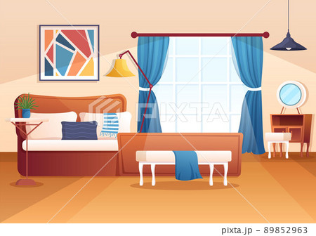 Cozy Bedroom Interior with Furniture Like Bed, Wardrobe, Bedside Table, Vase, Chandelier in Modern Style in Cartoon Vector Illustration 89852963