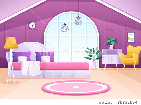 Cozy Bedroom Interior with Furniture Like Bed, Wardrobe, Bedside Table, Vase, Chandelier in Modern Style in Cartoon Vector Illustration Cozy Bedroom Interior with Furniture Like Bed, Wardrobe, Bedside Table, Vase, Chandelier in Modern Style in Cartoon Vector Illustration 89852964