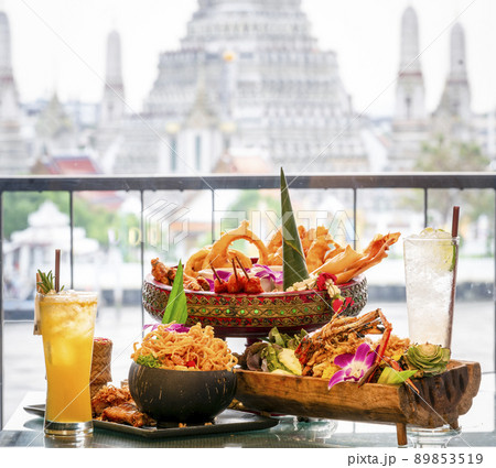 Thai food with Arun temple background Thai food with Arun temple background 89853519