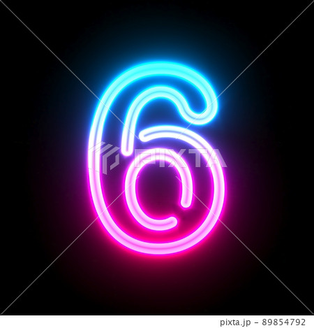 Blue pink glowing neon tube font Number 6 SIX 3Dのイラスト素材